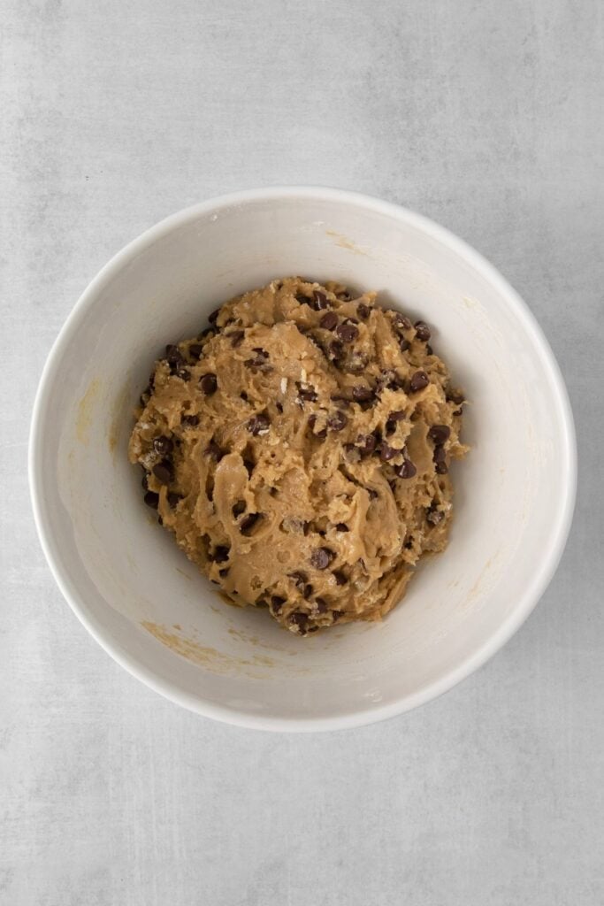Finished batter for my cookie recipe without butter with the chocolate chips combined.