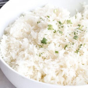 Closeup of ninja foodi white rice in a white bowl.