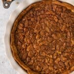 Close up of the pecan pie without corn syrup from overhead after being baked.