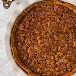 Close up of the pecan pie without corn syrup from overhead after being baked.