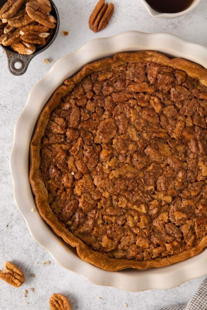 Close up of the pecan pie without corn syrup from overhead after being baked.