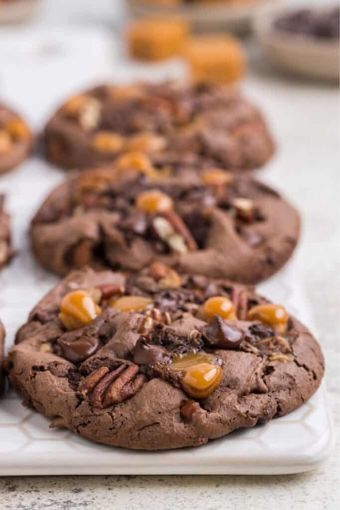 Side view of the turtle cookies baked and still warm.