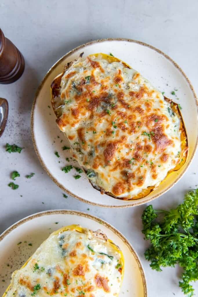 Two plates with spaghetti squash chicken alfredo on a white background.