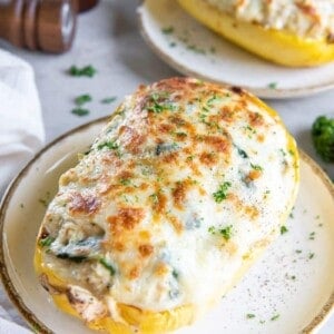 Two plates each holding a serving of spaghetti squash with chicken.