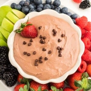 A white bowl of chocolate fruit dip topped with chocolate chips and a strawberry.