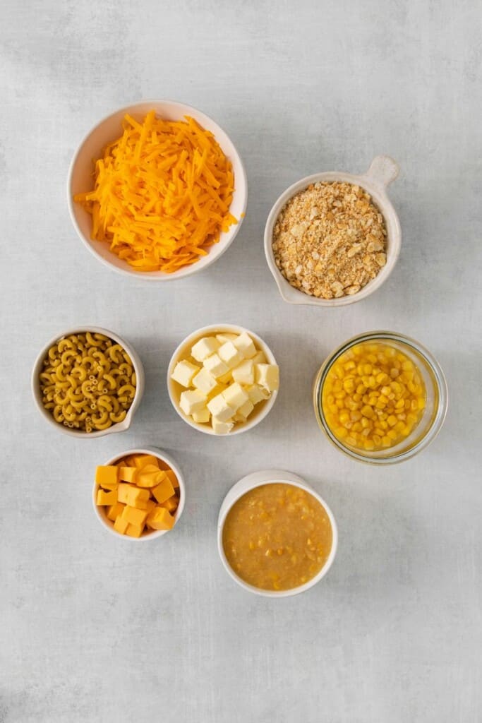Ingredients needed to prepare corn macaroni casserole.