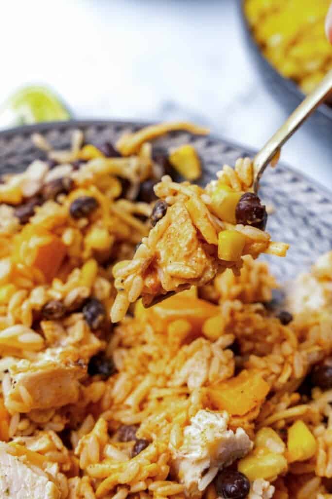 Close up view of a spoon holding a single bite of a southwest bowl.
