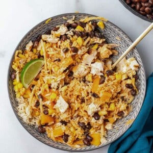 Overhead view of Southwest Bowls in a gray bowl with a spoon.