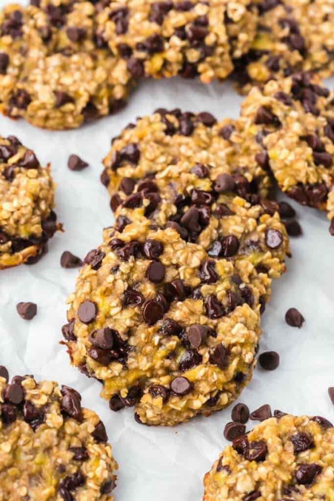 Several banana oatmeal chocolate chip cookies.
