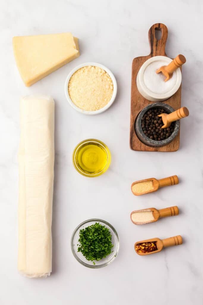 Ingredients needed to prepare garlic knots in the air fryer.