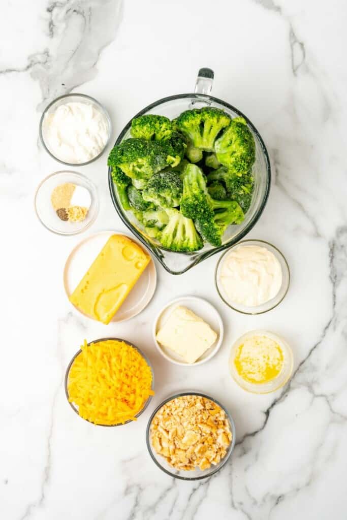 Ingredients needed to prepare broccoli casserole.