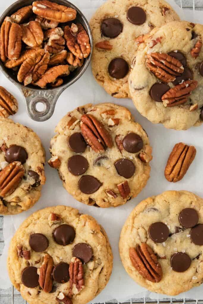 Close up of pecan chocolate chip cookies