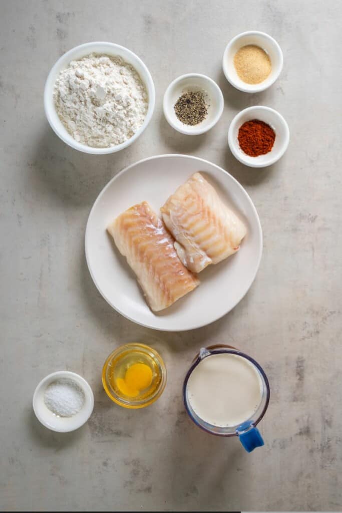 Ingredients needed to prepare fish and chips in the air fryer.