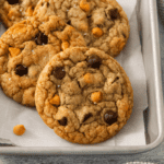 Four butterscotch chocolate chip cookies on a parchment lined baking sheet.