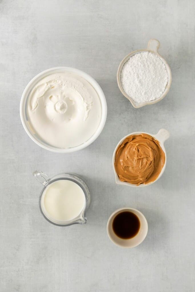 Ingredients needed to prepare peanut butter mousse.