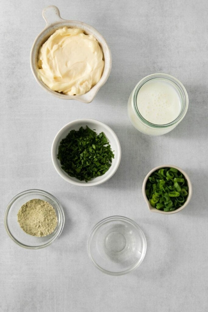 The ingredients needed to prepare the dressing for BLT Pasta Salad.