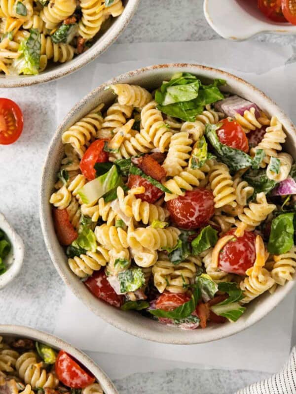 A beautiful bowl full of delicious Bacon Lettuce Tomato Pasta Salad.