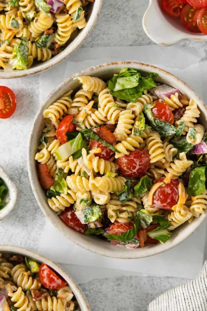A beautiful bowl full of delicious Bacon Lettuce Tomato Pasta Salad.