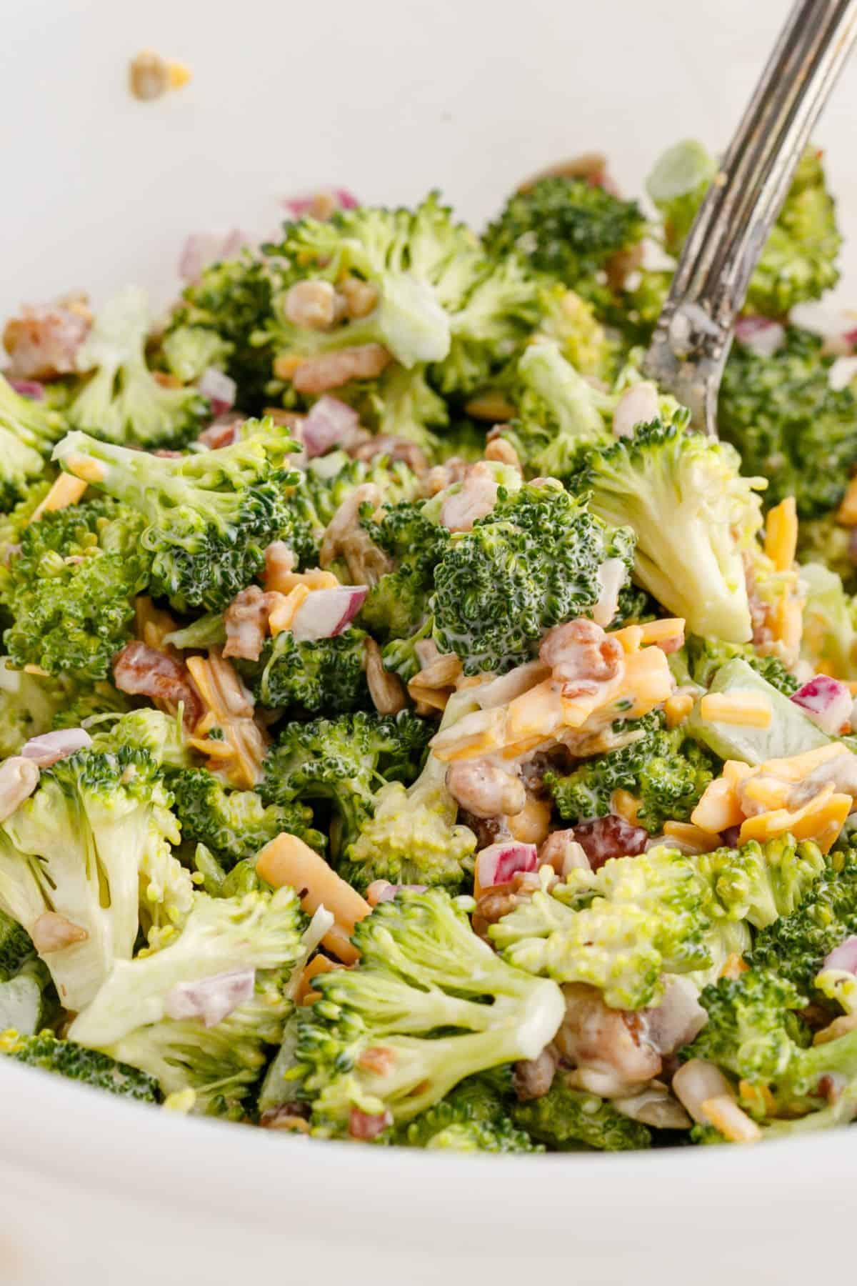 Close up of the broccoli crunch salad to see the broccoli, bacon, cheese, and creaminess of the dressing.