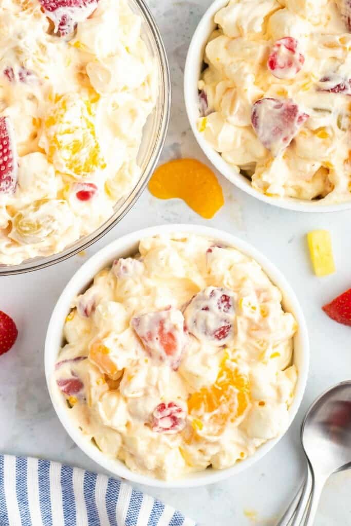 fruit salad with cool whip and marshmallows.