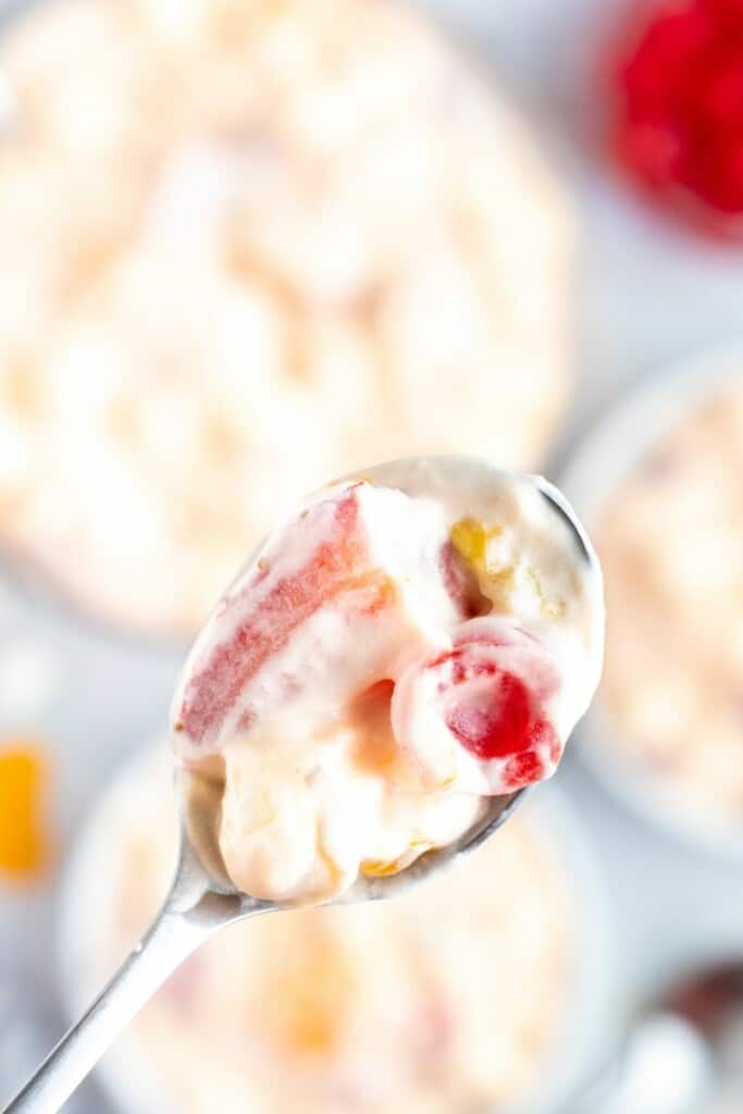 Closeup of spoonful of whipped fruit salad.
