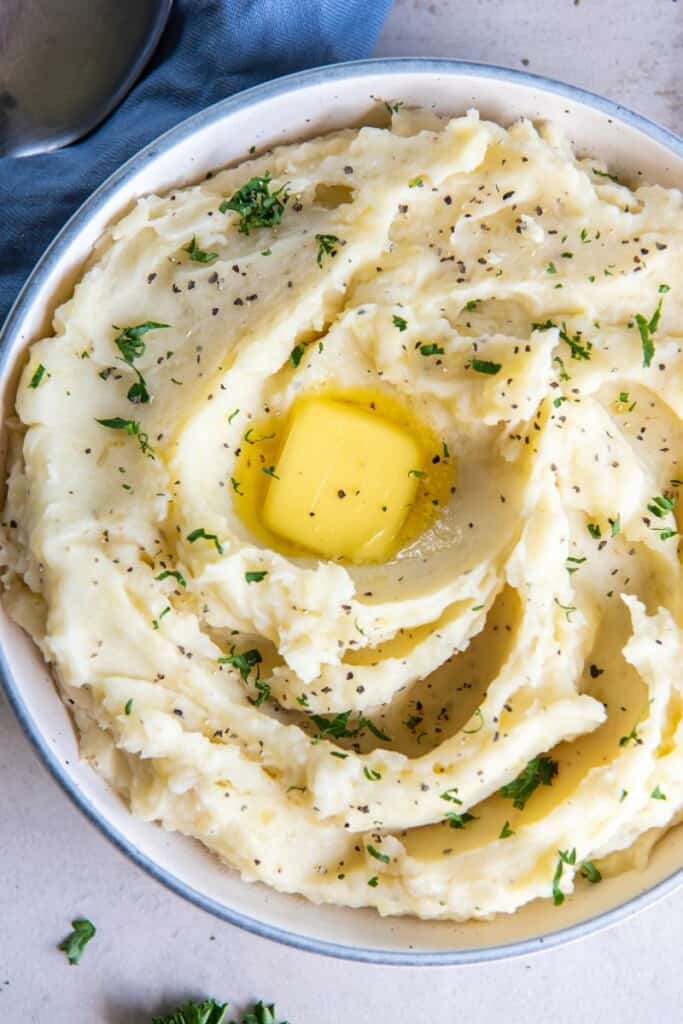 Closeup shot of creamy mashed potatoes without milk.