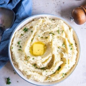 Overhead shot of mashed potatoes without milk.