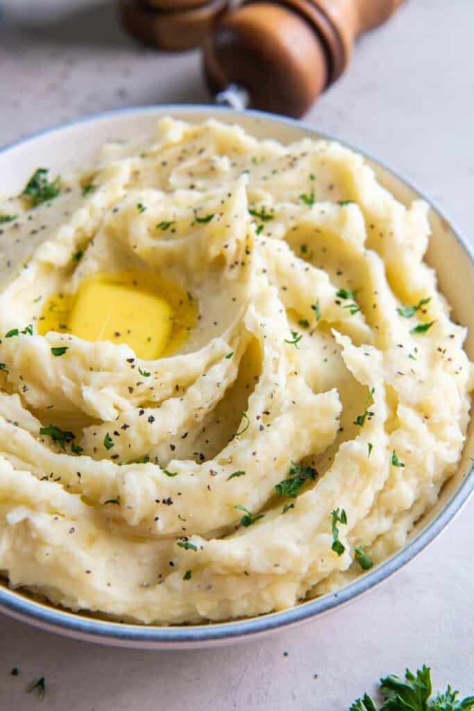 homemade mashed potatoes with broth and butter.