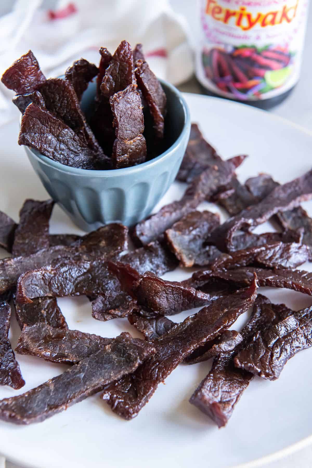 A plate holding beef jerky pieces and a small blue bowl holding additional pieces.