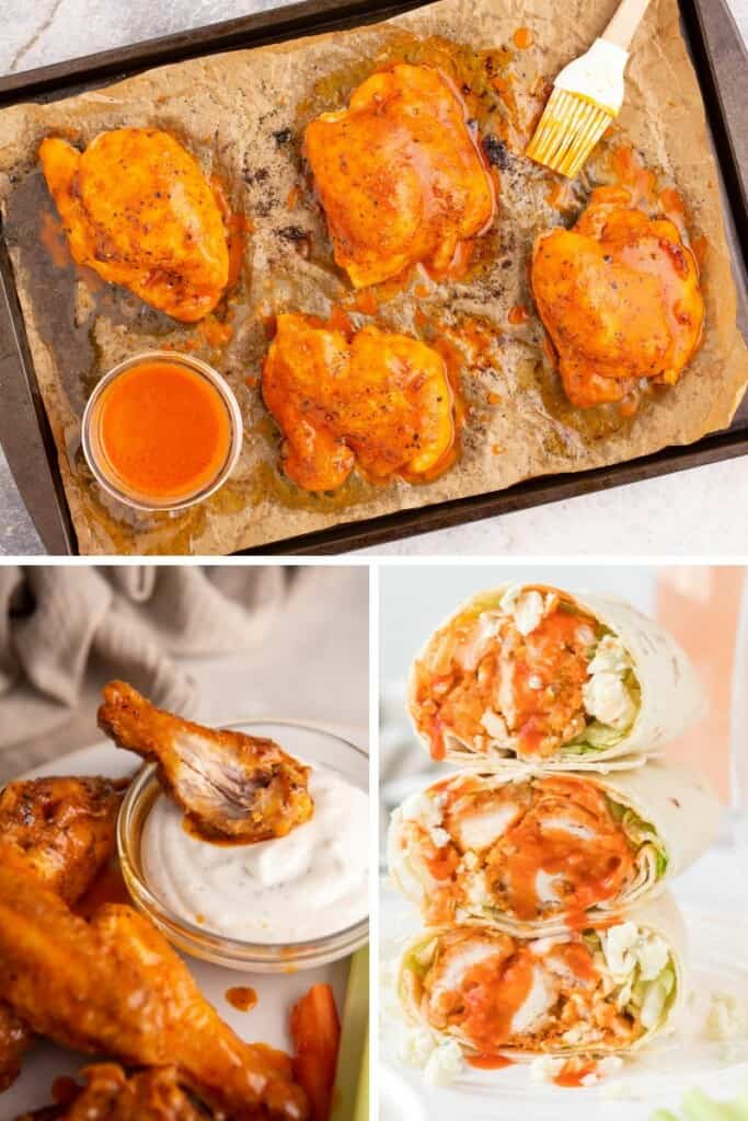 Buffalo chicken recipes collage: buffalo chicken thighs, buffalo wings, and buffalo chicken wrap