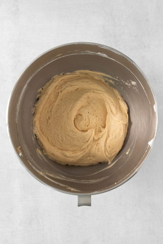 Peanut butter pie (no bake) filling in a mixing bowl to show the creamy texture.