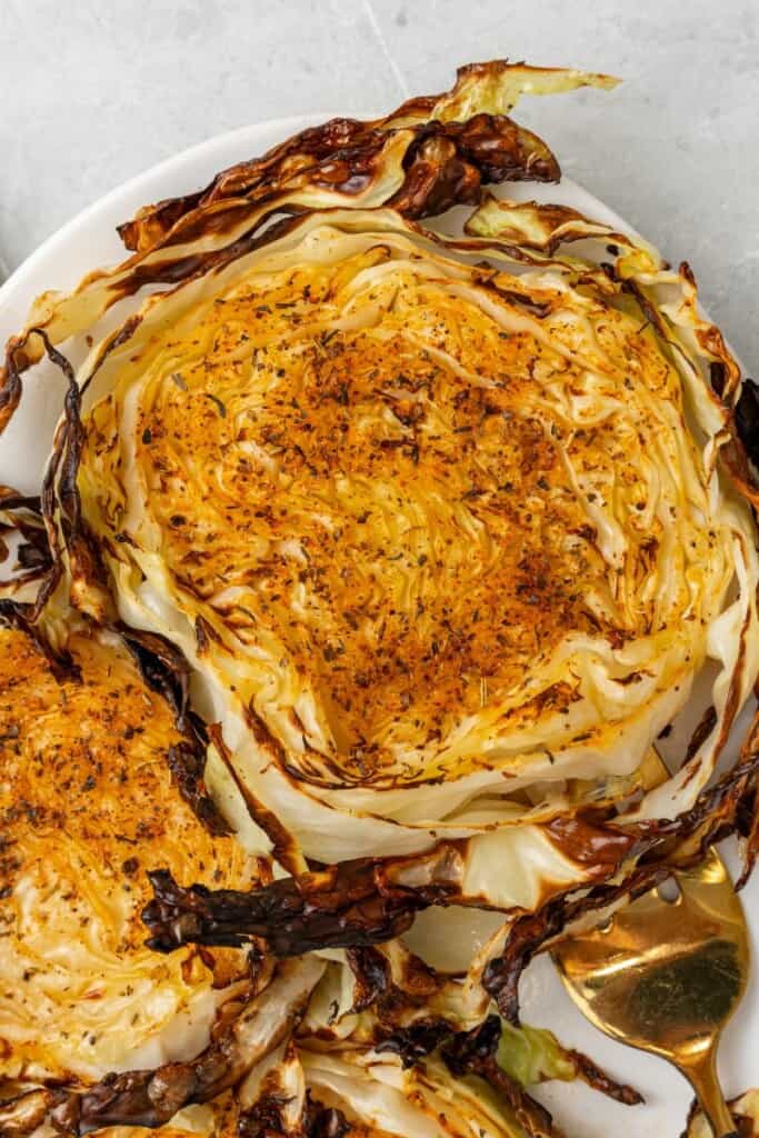 close up to cabbage steaks in the air fryer