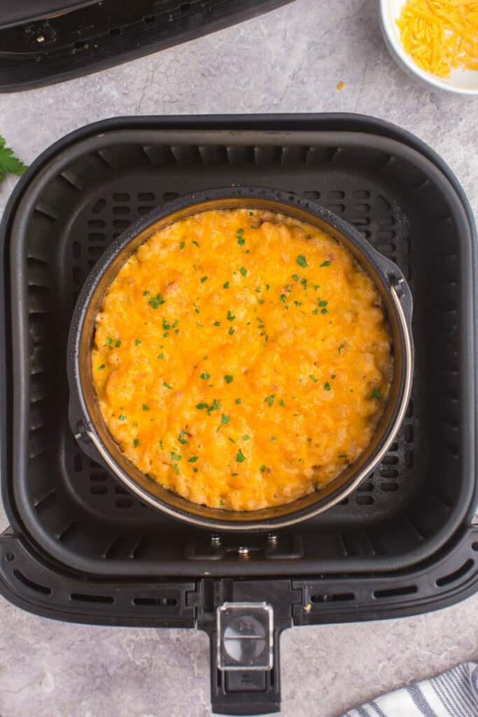 Overhead shot of air fryer mac and cheese