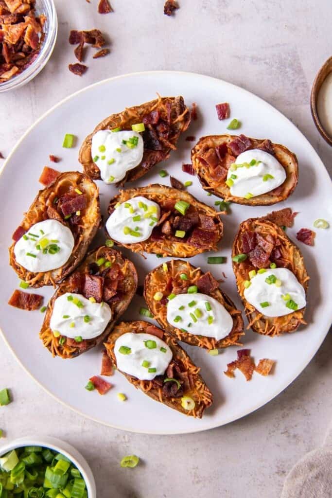 overhead photo of air fryer potato skins. 