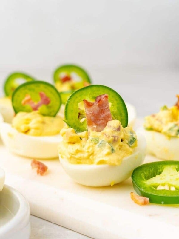 side view shot of jalapeno deviled egg.