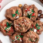 closeup overhead of slow cooker chocolate clusters