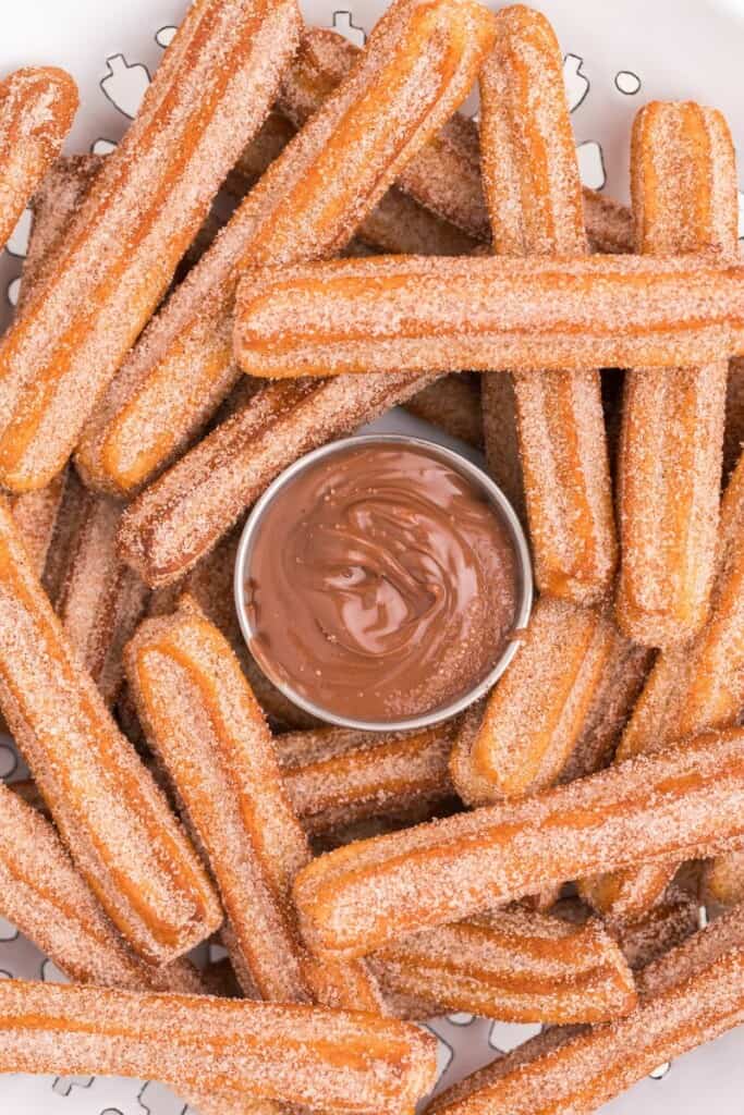 baked air fried churros with chocolate dipping sauce