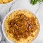 overhead shot of mac and cheese with pulled pork