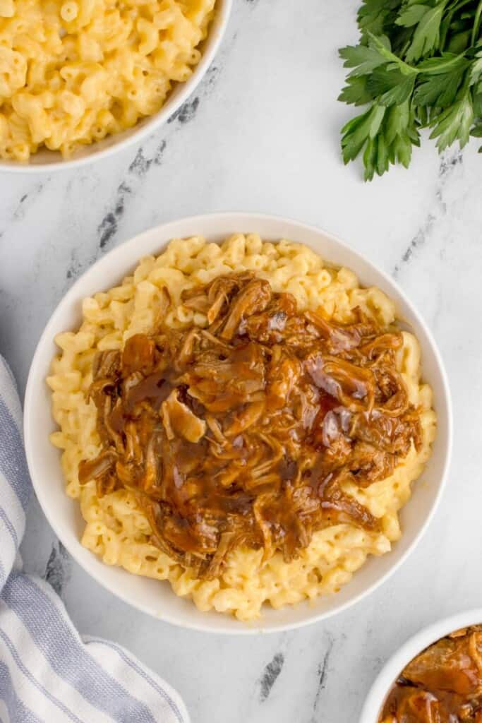 overhead shot of mac and cheese with pulled pork