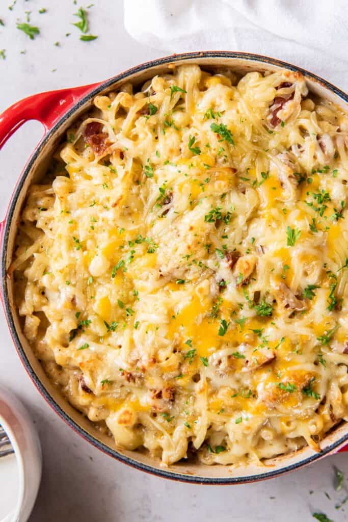Close up of the dutch oven macaroni and cheese with extra cheese on top.