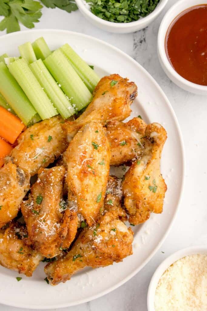 overhead shot of air fryer fried chicken wings