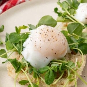 Seasoned poached egg close up.