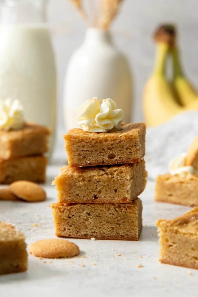 Perfectly baked banana pudding brownies stacked.