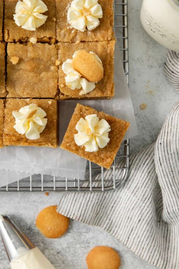 Banana pudding brownies cut into squares.