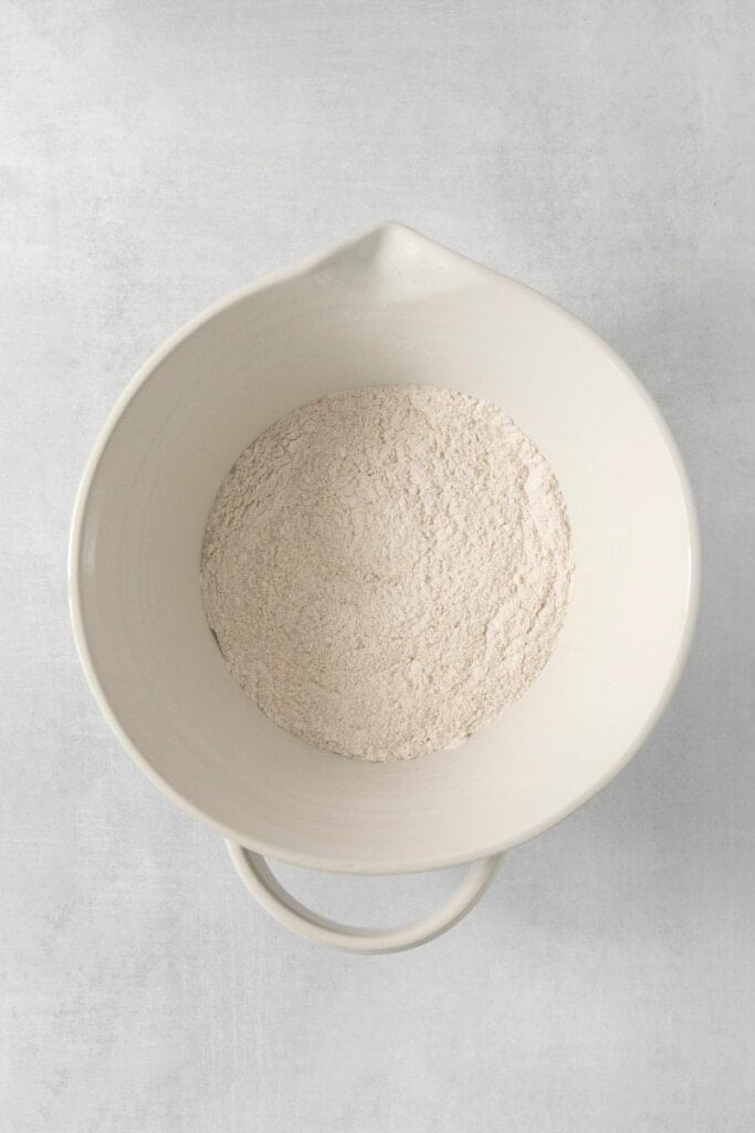 Dry pancake ingredients in a mixing bowl.