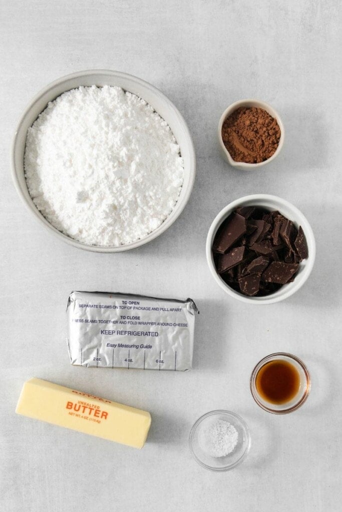 Ingredients portioned out for chocolate icing.