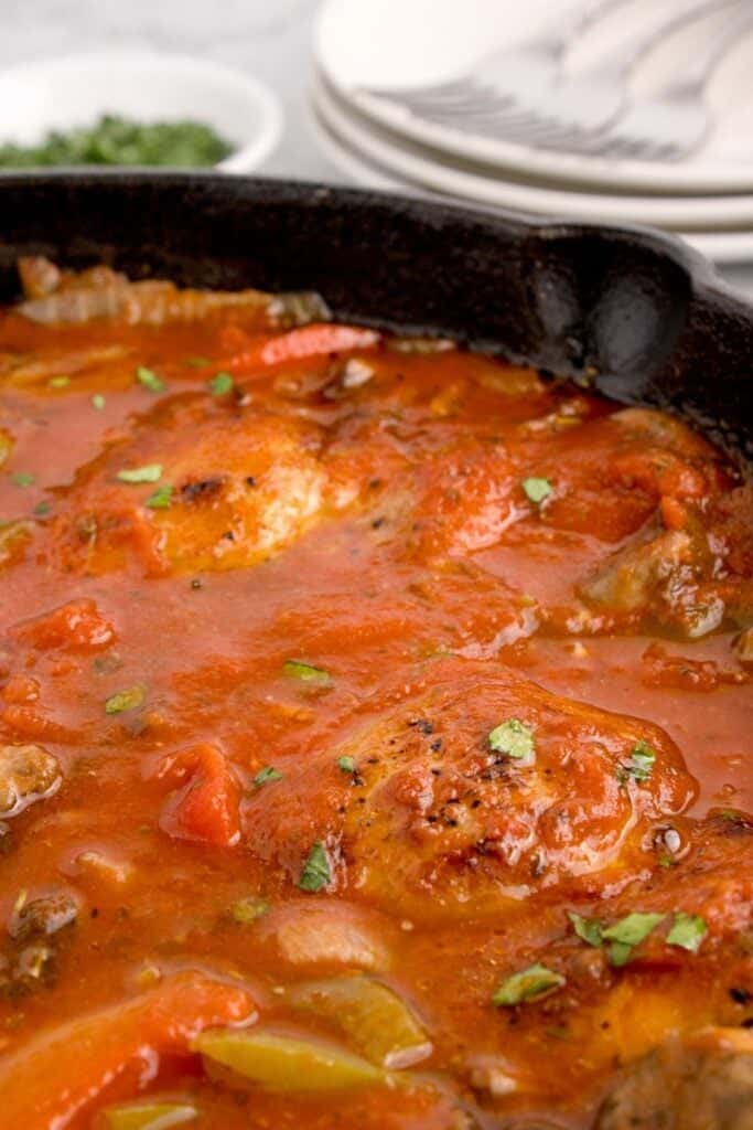 close up of chicken cacciatore in cast iron skillet