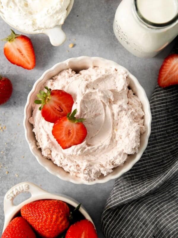 bowl of fluffy strawyberry cream cheese dip