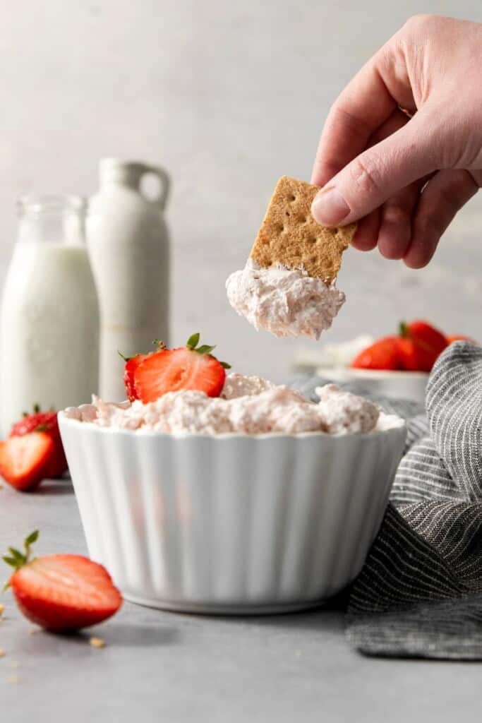 graham cracker half dipped into berry flavored fruit dip