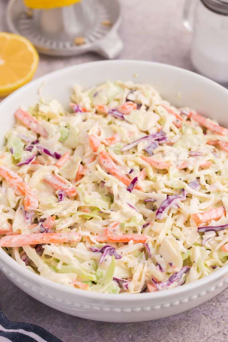 traditional coleslaw tossed in creamy dressing